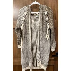 Original USA Hooded Cardigan Sweater Women S/M Beige Chunky Lace Up Knit